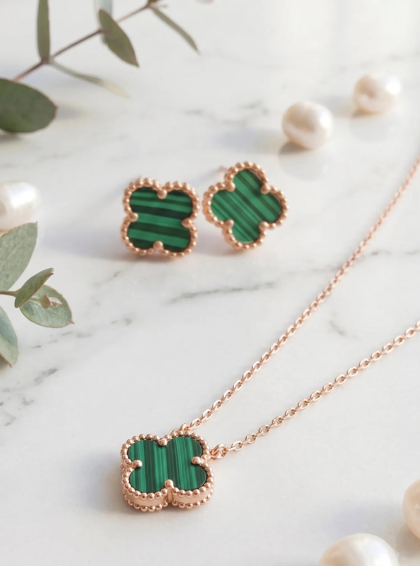  Malachite green clover necklace and earring set 925 silver rose gold bezel gemstone tarnish-free made in Korea