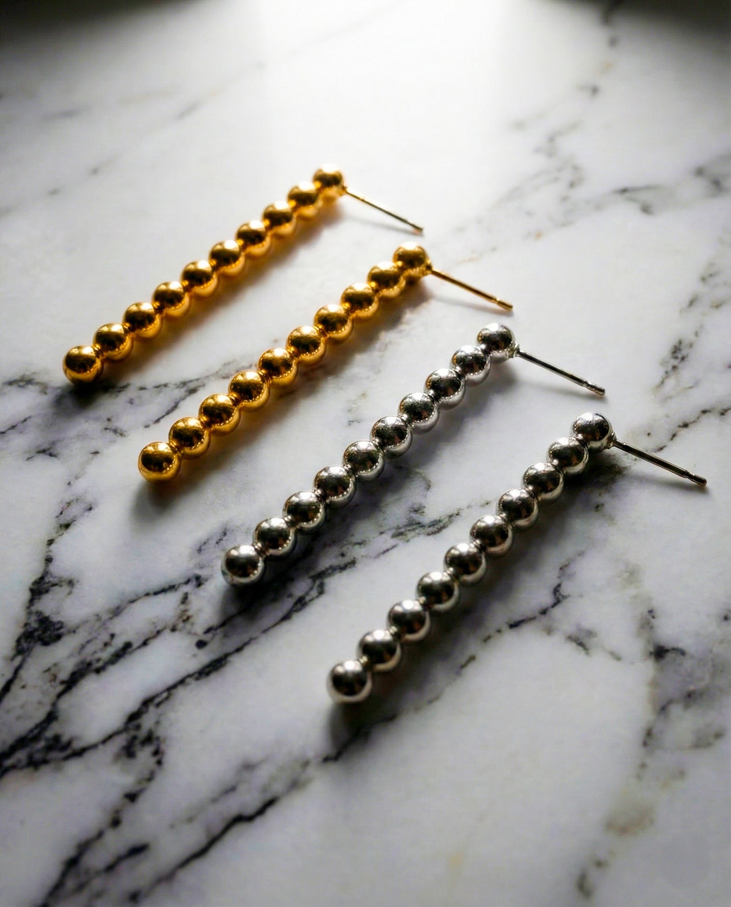 Minimalist Fixed Ball Bar Drop Earrings - Gold & Silver Titanium Post