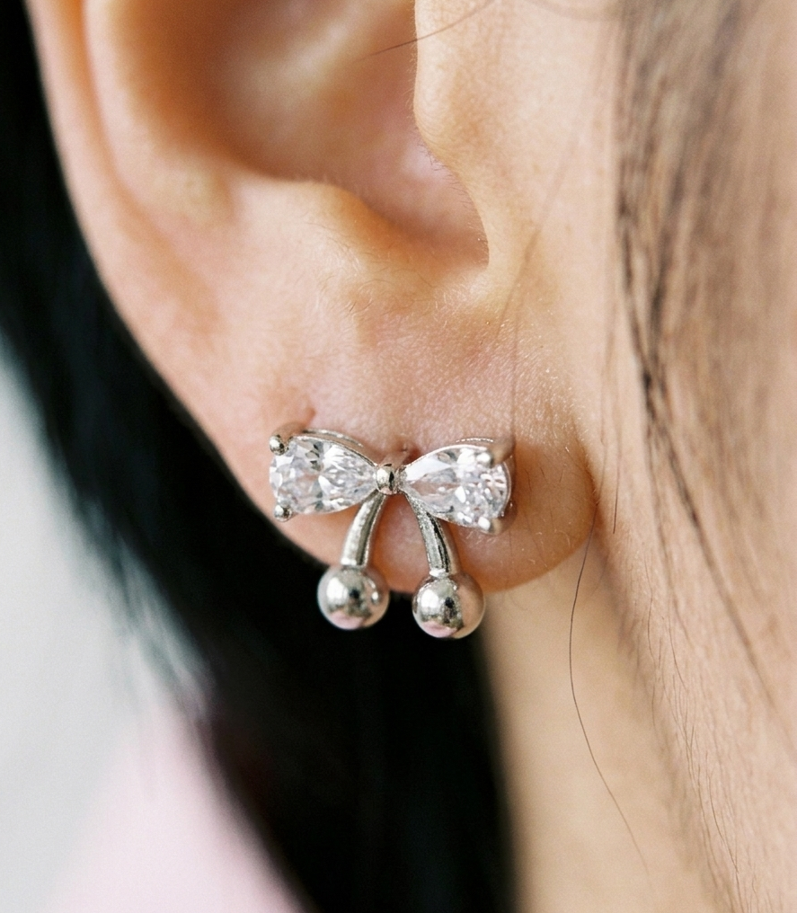 CZ Bow Cherry Stud Earrings – Sparkling Cubic Zirconia Ribbon with Ball Drop, Hypoallergenic, Gold & Silver