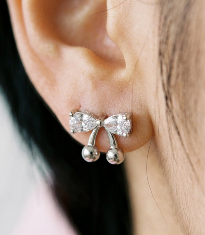 CZ Bow Cherry Stud Earrings – Sparkling Cubic Zirconia Ribbon with Ball Drop, Hypoallergenic, Gold & Silver