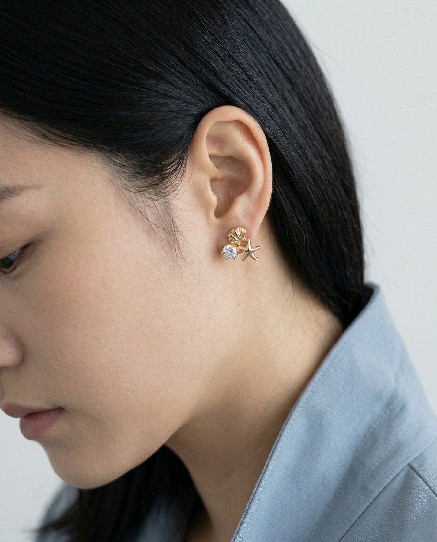 Mermaidcore Shell & Starfish Cubic Zirconia Stud Earrings | Hypoallergenic Titanium Post | Gold & Silver