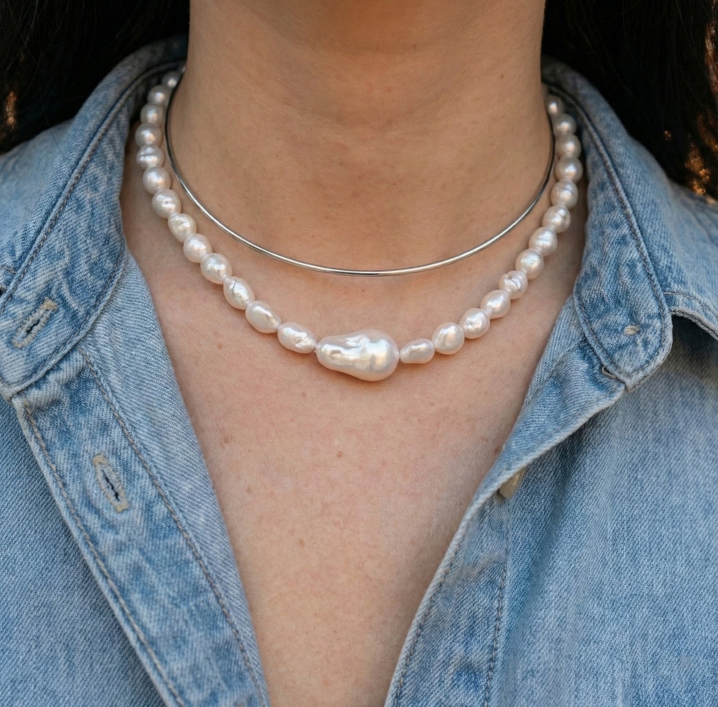 Double Strand Freshwater Pearl & Brass Wire Choker Necklace - Gold/Silver