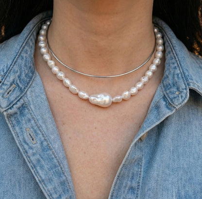 Double Strand Freshwater Pearl & Brass Wire Choker Necklace - Gold/Silver