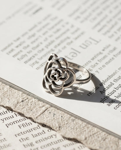 925 Sterling Silver Bold Rose Ring | Handcrafted Chunky Camellia Openwork Band