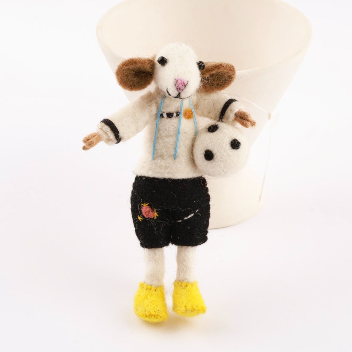 Soccer sheep wool felt keychain with blue suspenders and soccer ball handcrafted