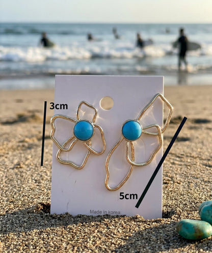 Turquoise Flower Asymmetrical Earrings | Gold Statement Earrings | K-Style Resort Jewelry