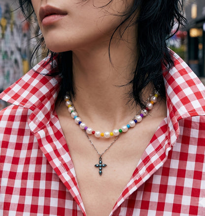 Rainbow Bead Acrylic Pearl Necklace — Y2K Kidcore Layered Choker