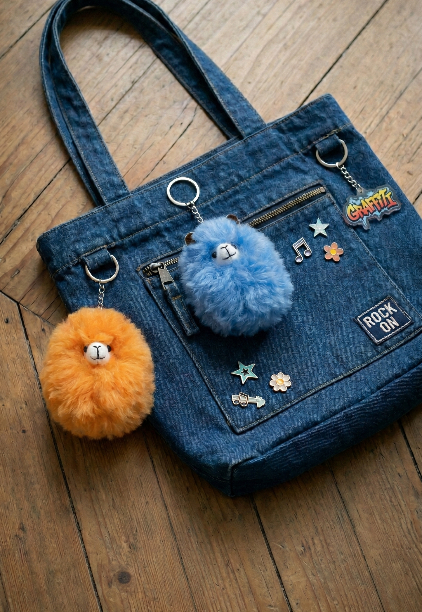 Upgrade your casual denim look with our handcrafted alpaca fur keychains. Available in vibrant orange and sky blue to complete your unique street style