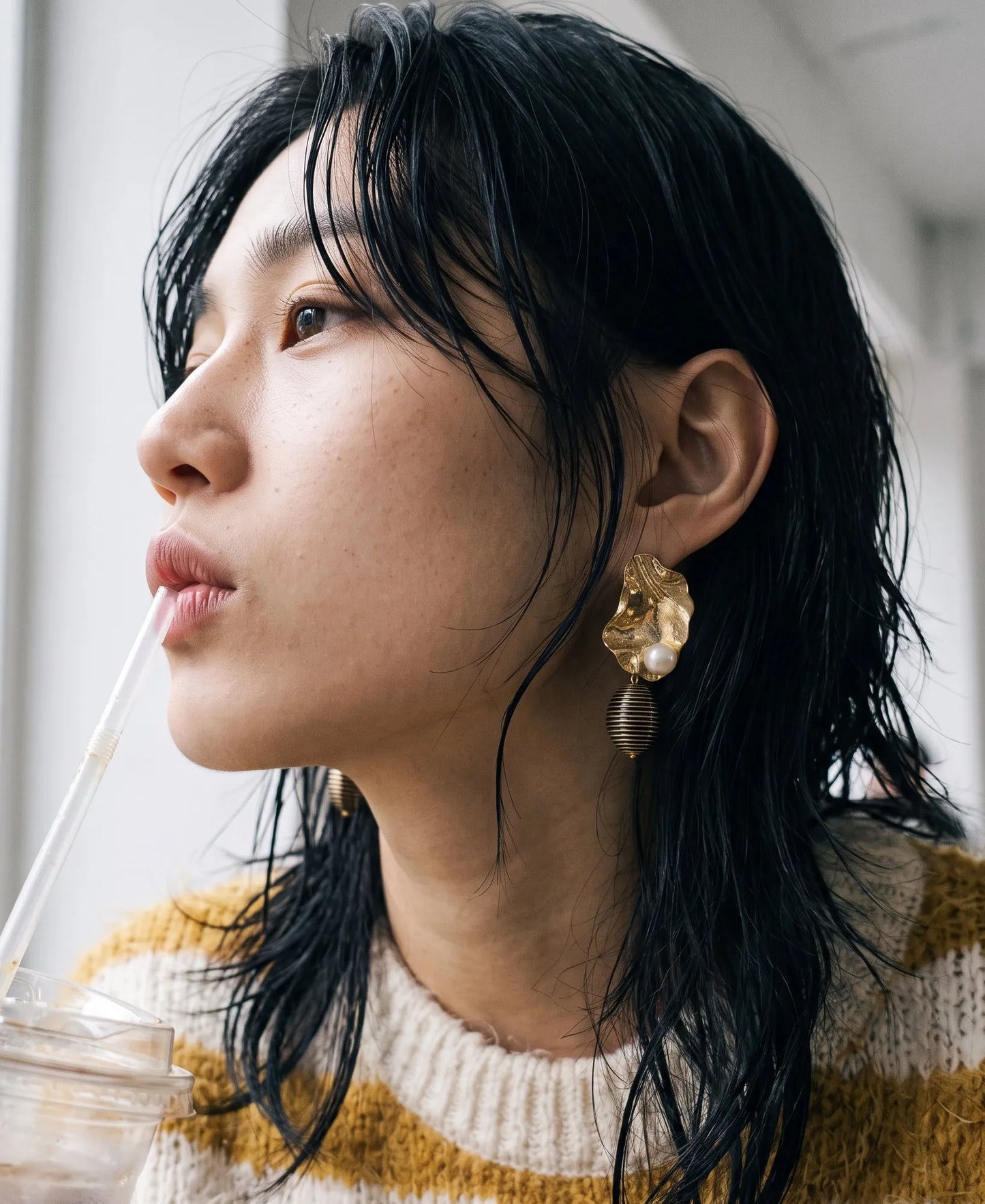 Gold Hammered Pearl Drop Earrings | K-Style Statement | Titanium Post