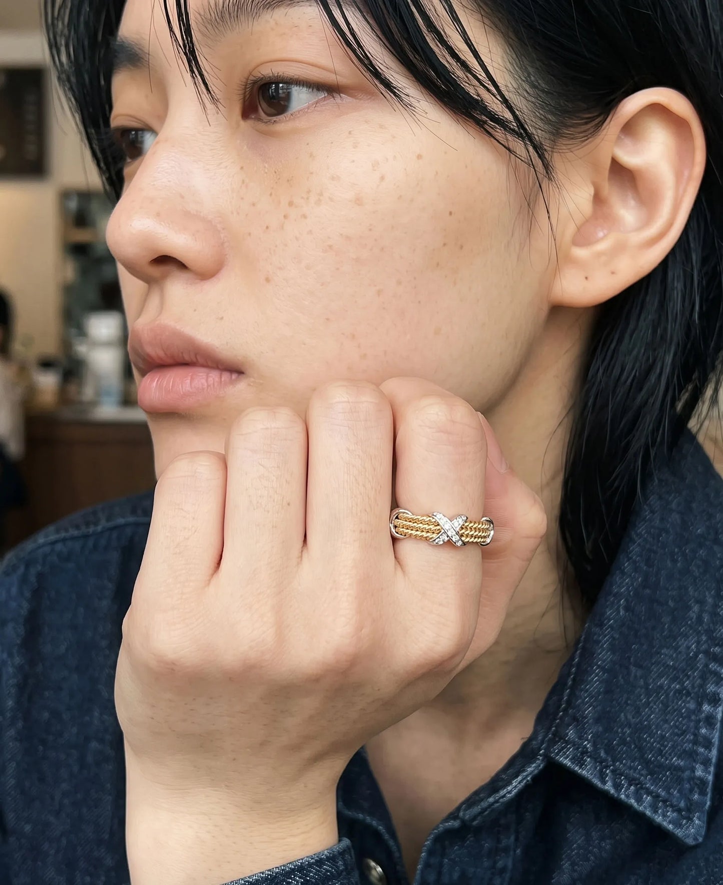 925 Sterling Silver Two-Tone Twisted Rope Band Ring with CZ X-Cross