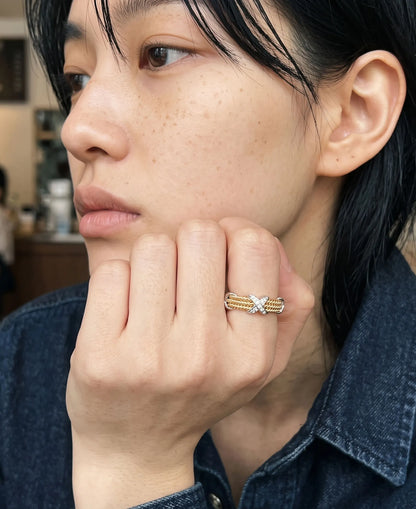 925 Sterling Silver Two-Tone Twisted Rope Band Ring with CZ X-Cross