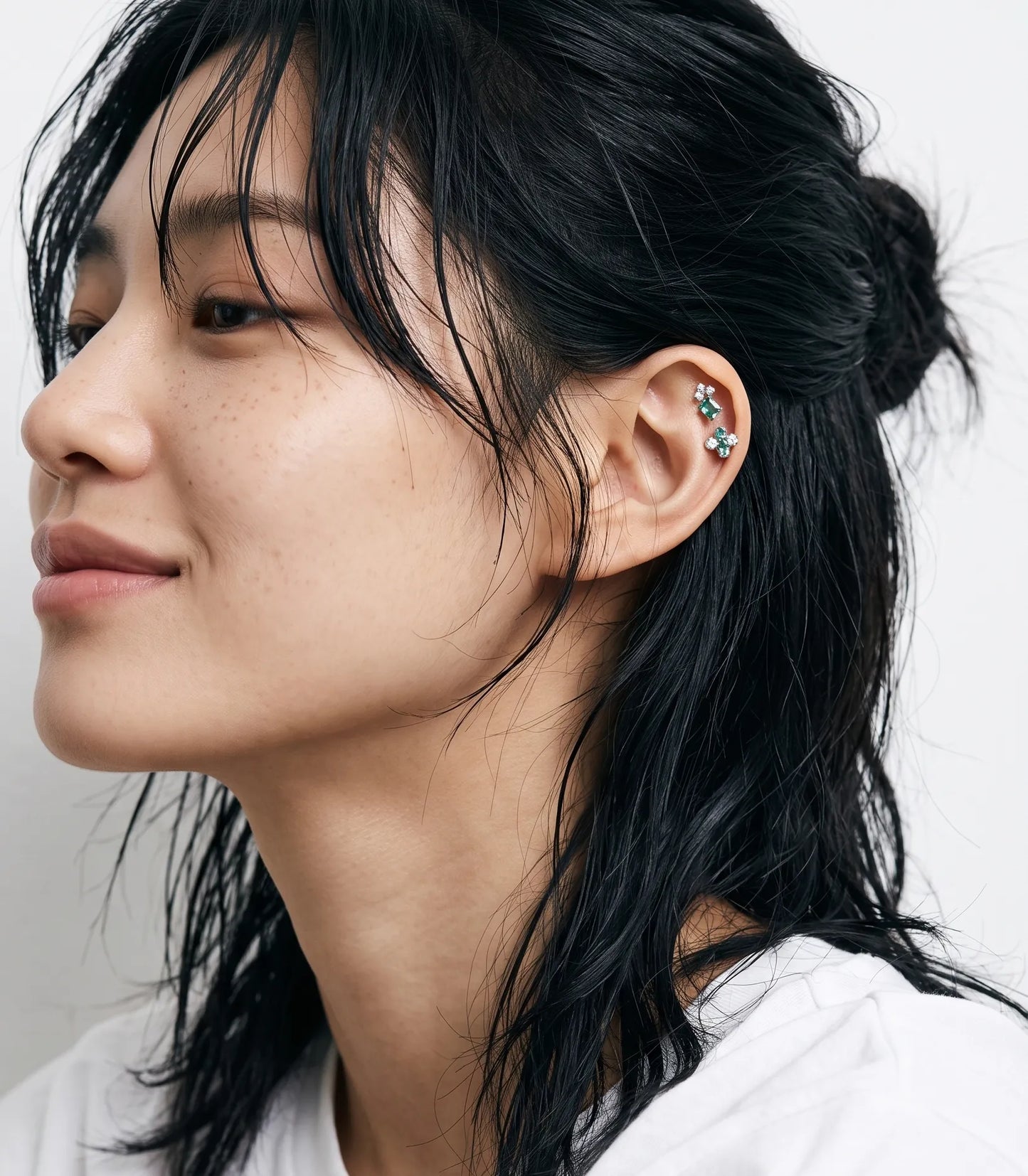 Emerald Clover Barbell Stud | Brass + Surgical Steel | K-Style Ear Stack (Single)
