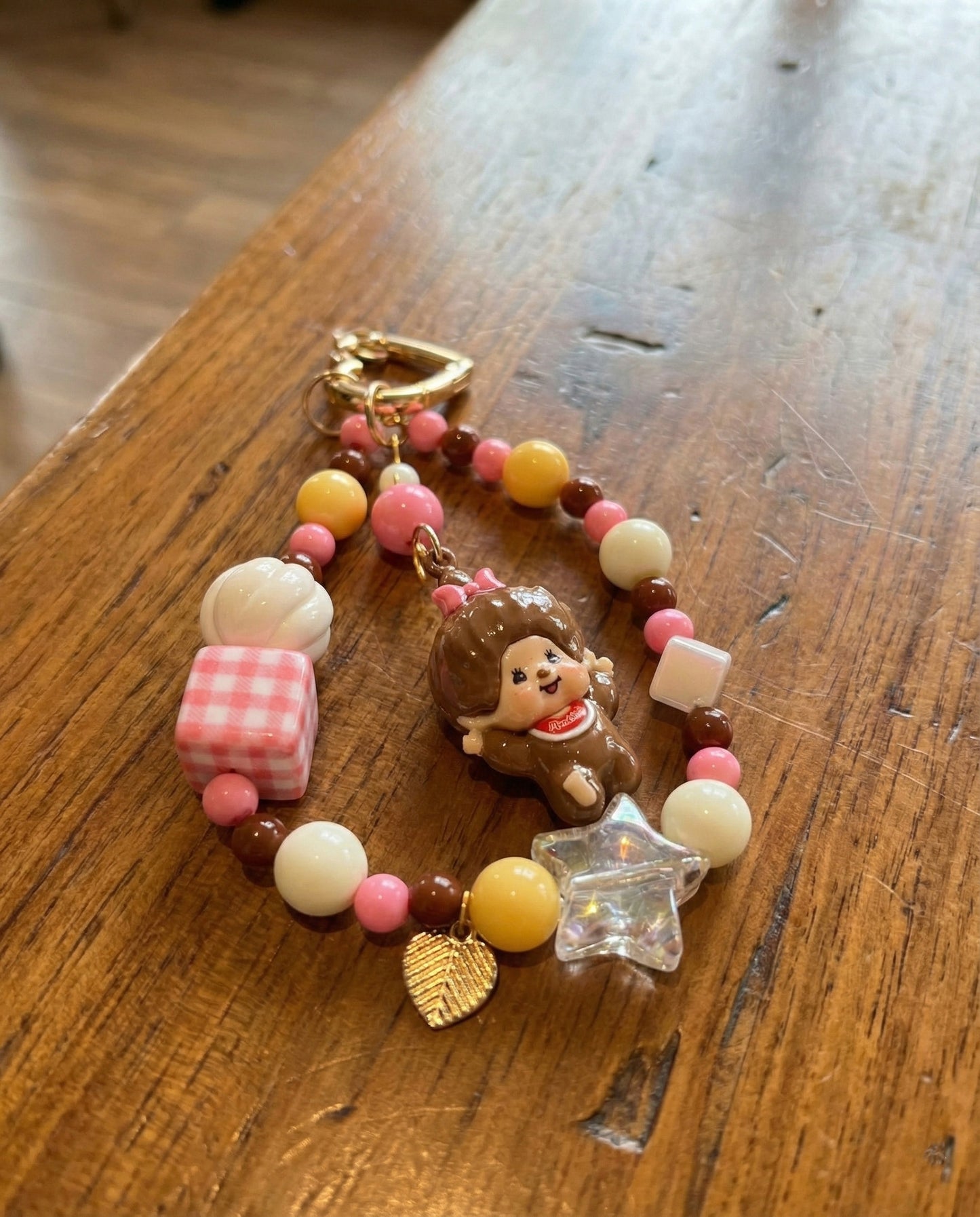 Vintage Monchhichi Beaded Keychain - Y2K Gingham Bag Charm (Pink/Yellow)