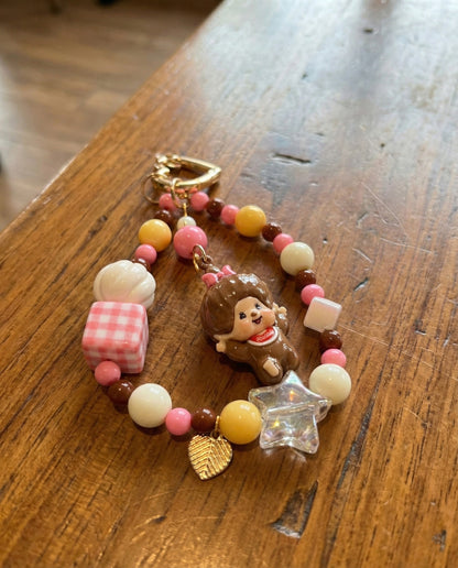 Vintage Monchhichi Beaded Keychain - Y2K Gingham Bag Charm (Pink/Yellow)