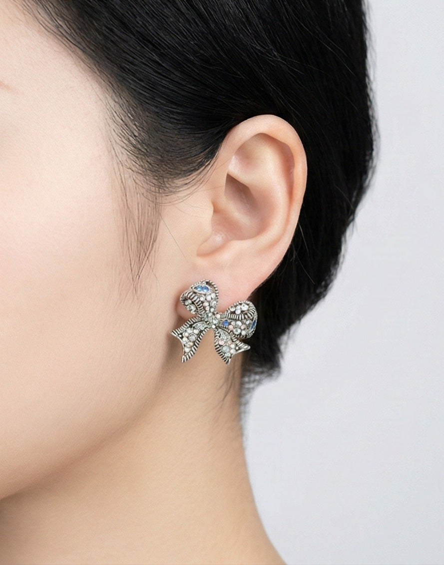 Vintage Kitsch Bow Earrings - Chunky Retro Ribbon Statement Studs with Sparkling Crystals