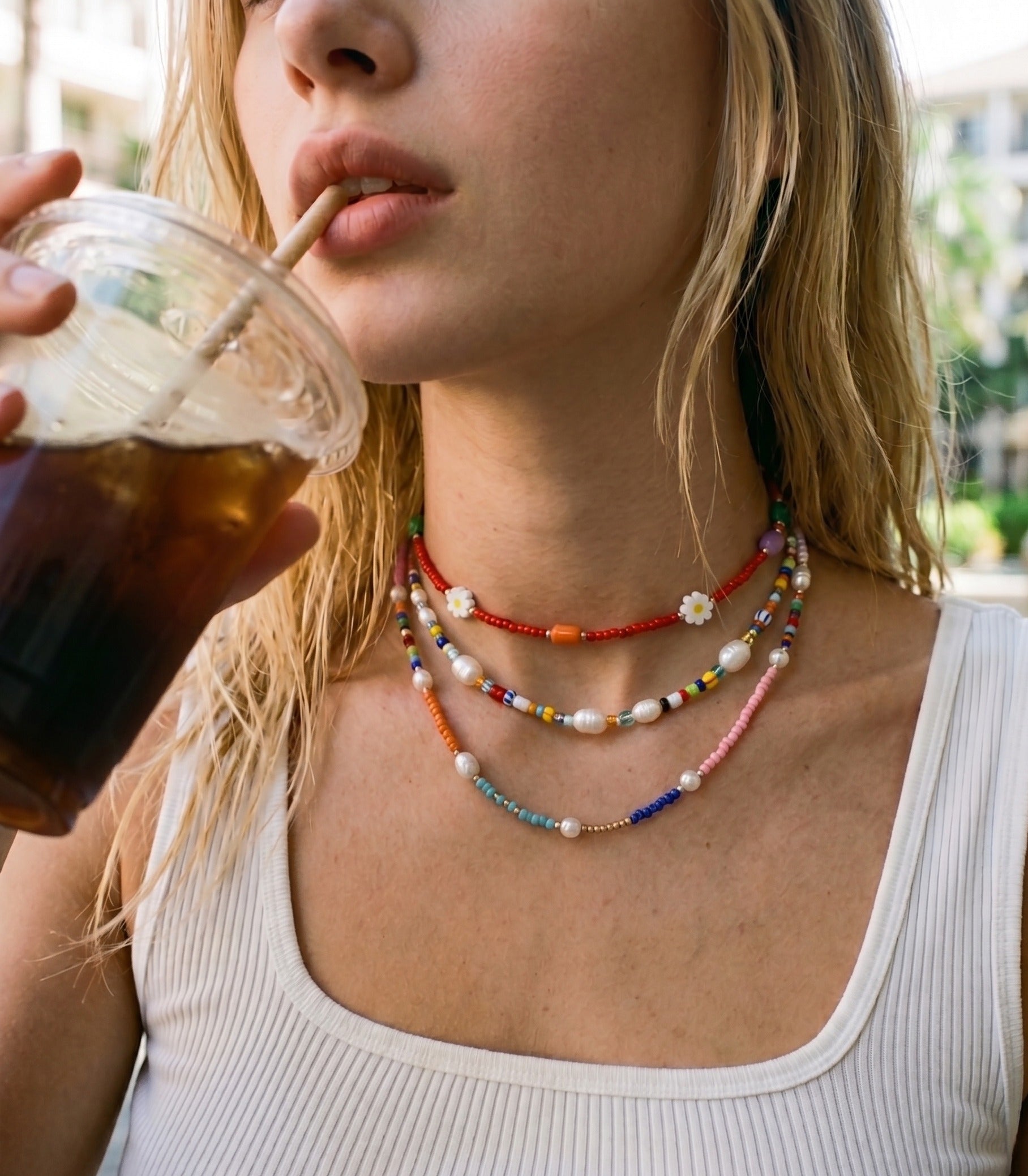 Iced coffee summer vibe colorful layered beaded necklace three-strand freshwater pearl seed bead choker stack, K-style vacation jewelry hypoallergenic surgical steel.