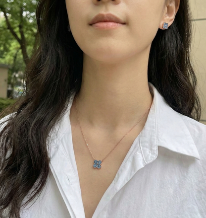 925 Sterling Silver Blue Clover Necklace Earrings Set - Rose Gold