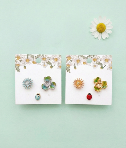 Handmade Asymmetrical Daisy & Ladybug Earring Set (3pcs)