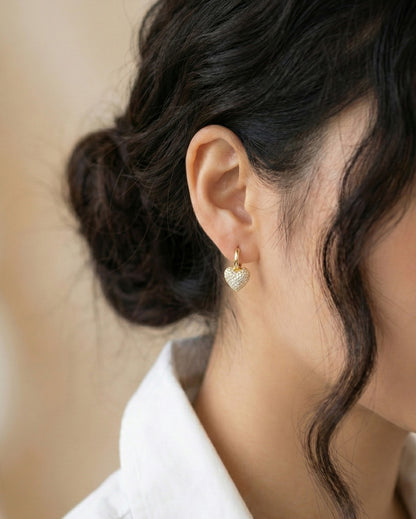 Pave Cubic Zirconia Puffy Heart Huggie Hoop Earrings Gold Silver Rose Gold