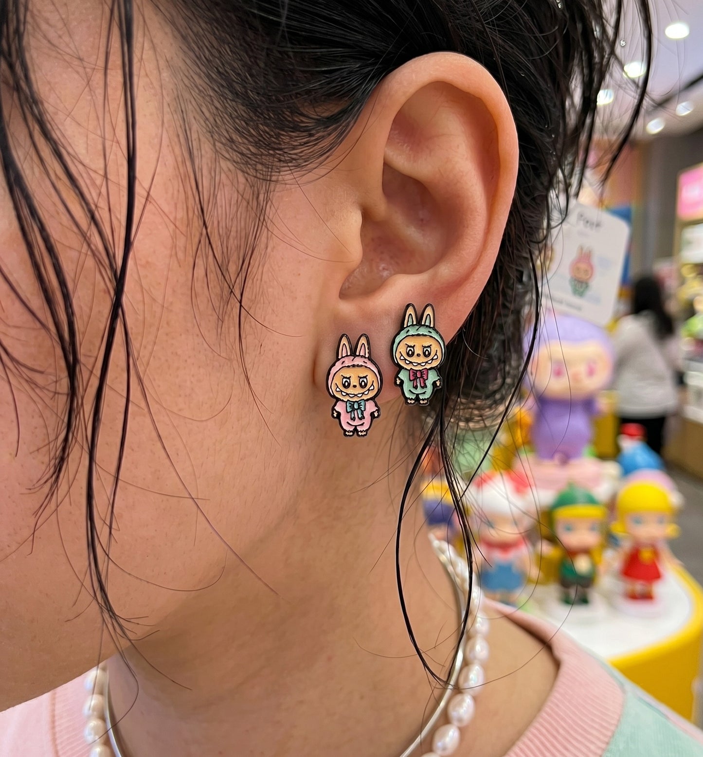 Labubu The Monsters Handmade Brass Enamel Stud Earrings (Silver Post)