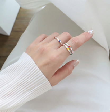 925 Sterling Silver Multicolor Enamel Stackable Open Ring — Adjustable Dainty Band