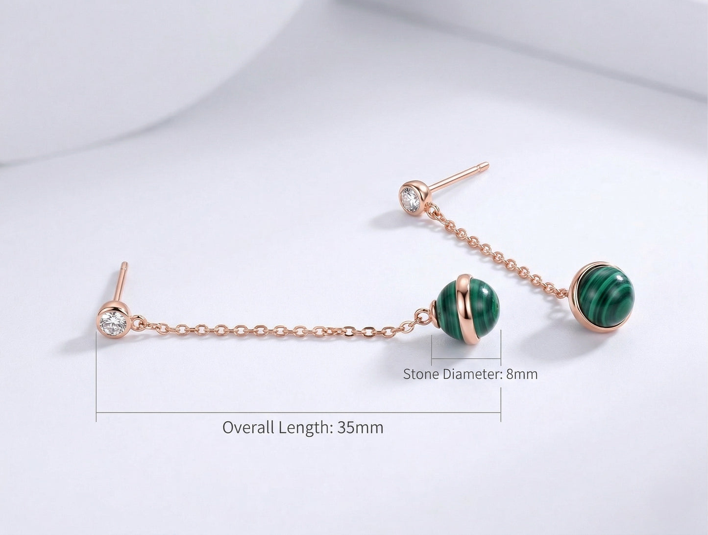 Natural Malachite Drop Earrings — Rose Gold Chain & CZ Stud