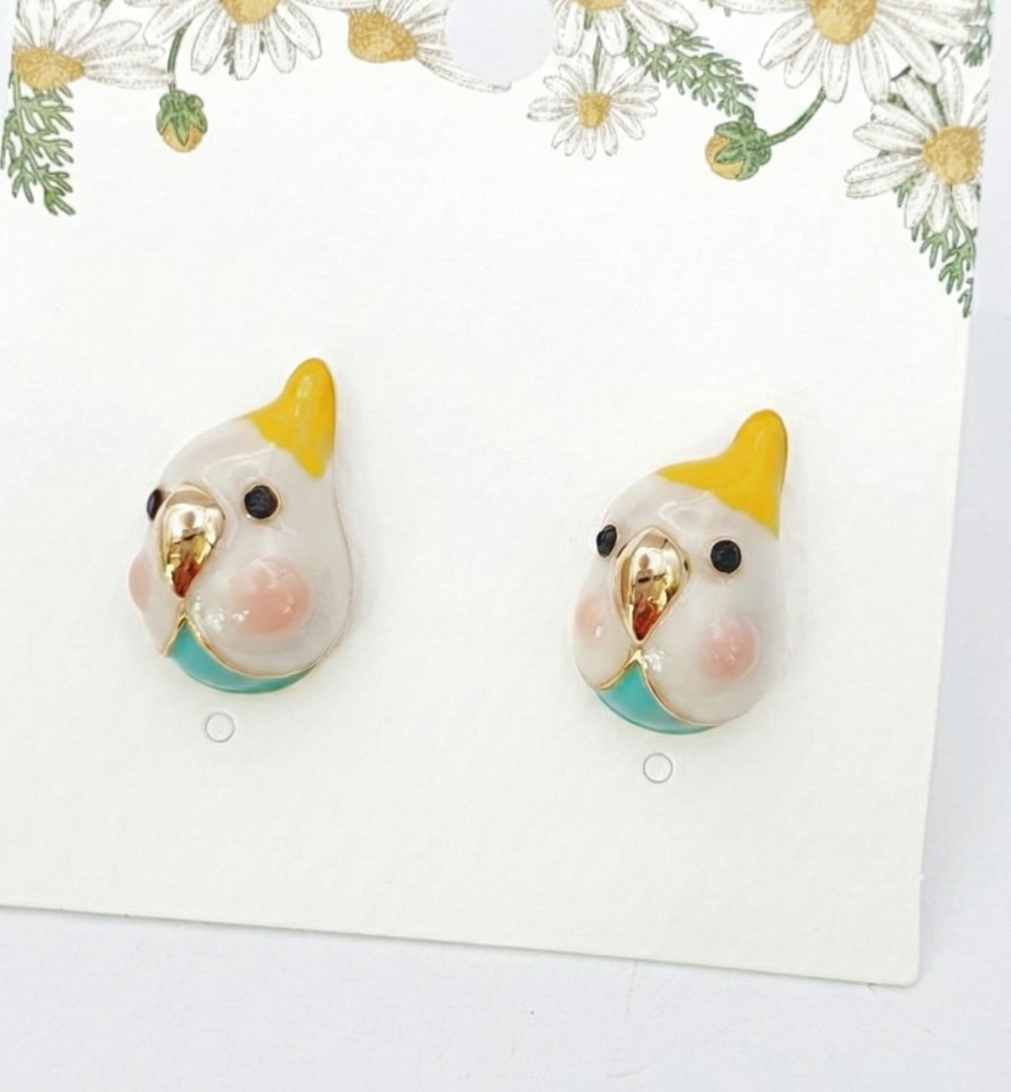 Handmade Cockatiel & Blue Parrot Stud Earrings Pair | Hypoallergenic Titanium Post | Korean Kawaii Animal Jewelry