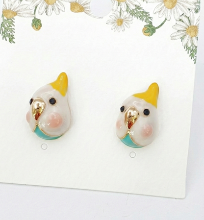 Handmade Cockatiel & Blue Parrot Stud Earrings Pair | Hypoallergenic Titanium Post | Korean Kawaii Animal Jewelry
