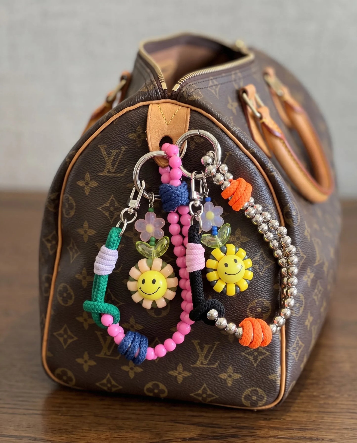 Handmade Smile Flower Beaded Strap Bag Charm Keychain – 4 Colors