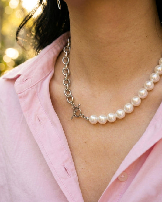 Half Pearl Half Chain Toggle Choker - Mixed Media Statement Necklace