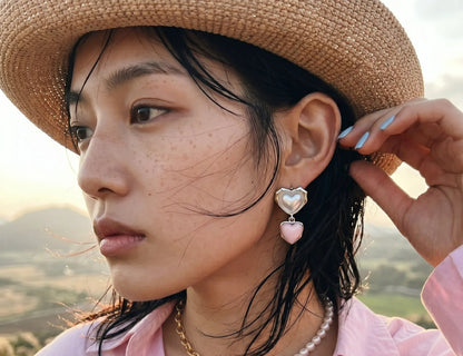 Chunky Double Heart Drop Earrings – Pearl & Color Block
