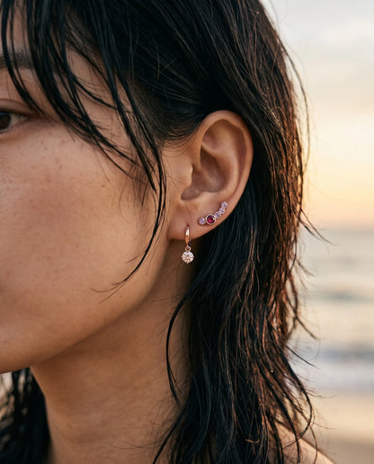 925 silver rose gold bezel gemstone ear climber with CZ charm drop earring – mismatched K-style ear stack at sunset beach

