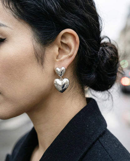 Chunky Puffed Double Heart Drop Earrings - Gold & Silver