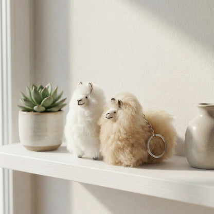 Real Alpaca Fur Keychain - Handmade Peruvian Alpaca Charm (White/Beige)