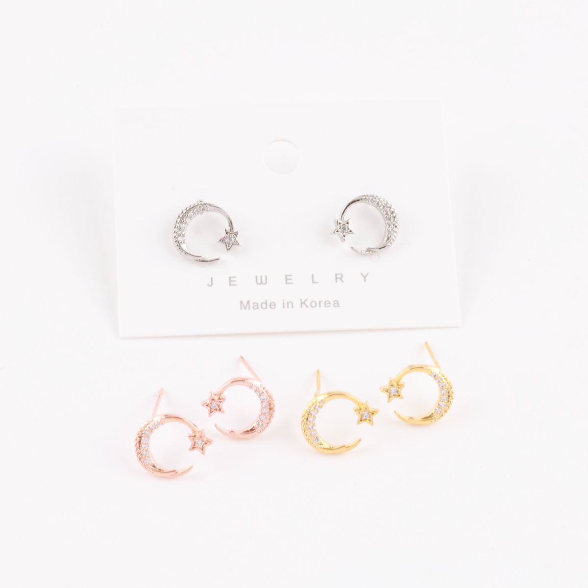 Celestial Crescent Moon & Star Pavé Stud Earrings | Silver, Gold & Rose Gold