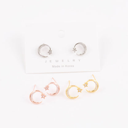 Celestial Crescent Moon & Star Pavé Stud Earrings | Silver, Gold & Rose Gold