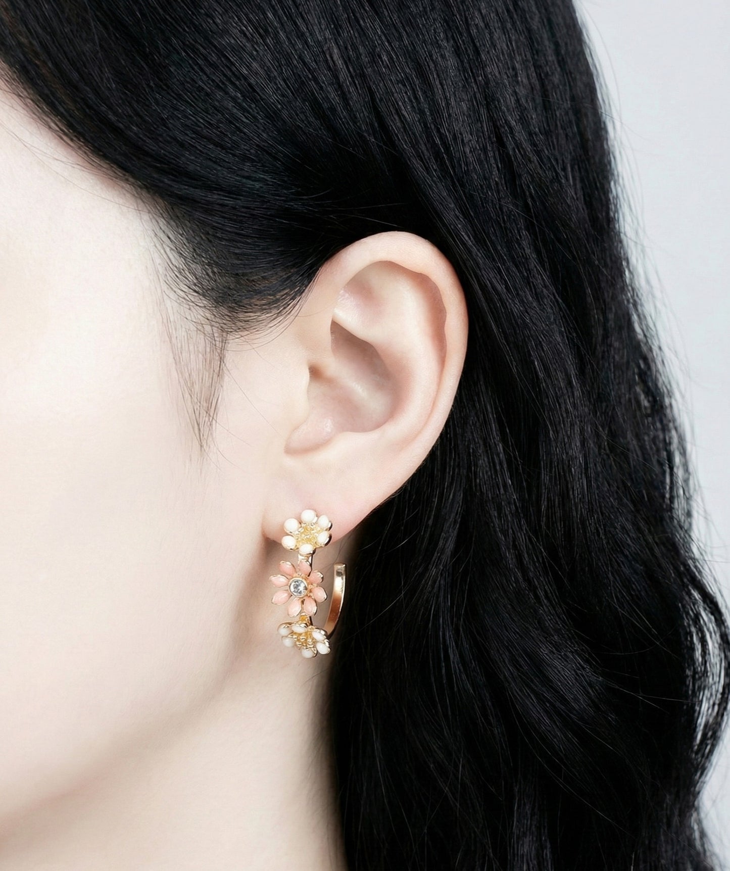 Korean Handmade Enamel Flower Hoop Earrings - Titanium Post (2 Colors)
