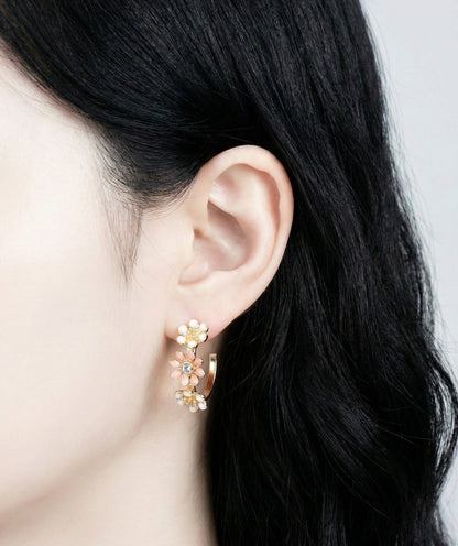 Korean Handmade Enamel Flower Hoop Earrings - Titanium Post (2 Colors)