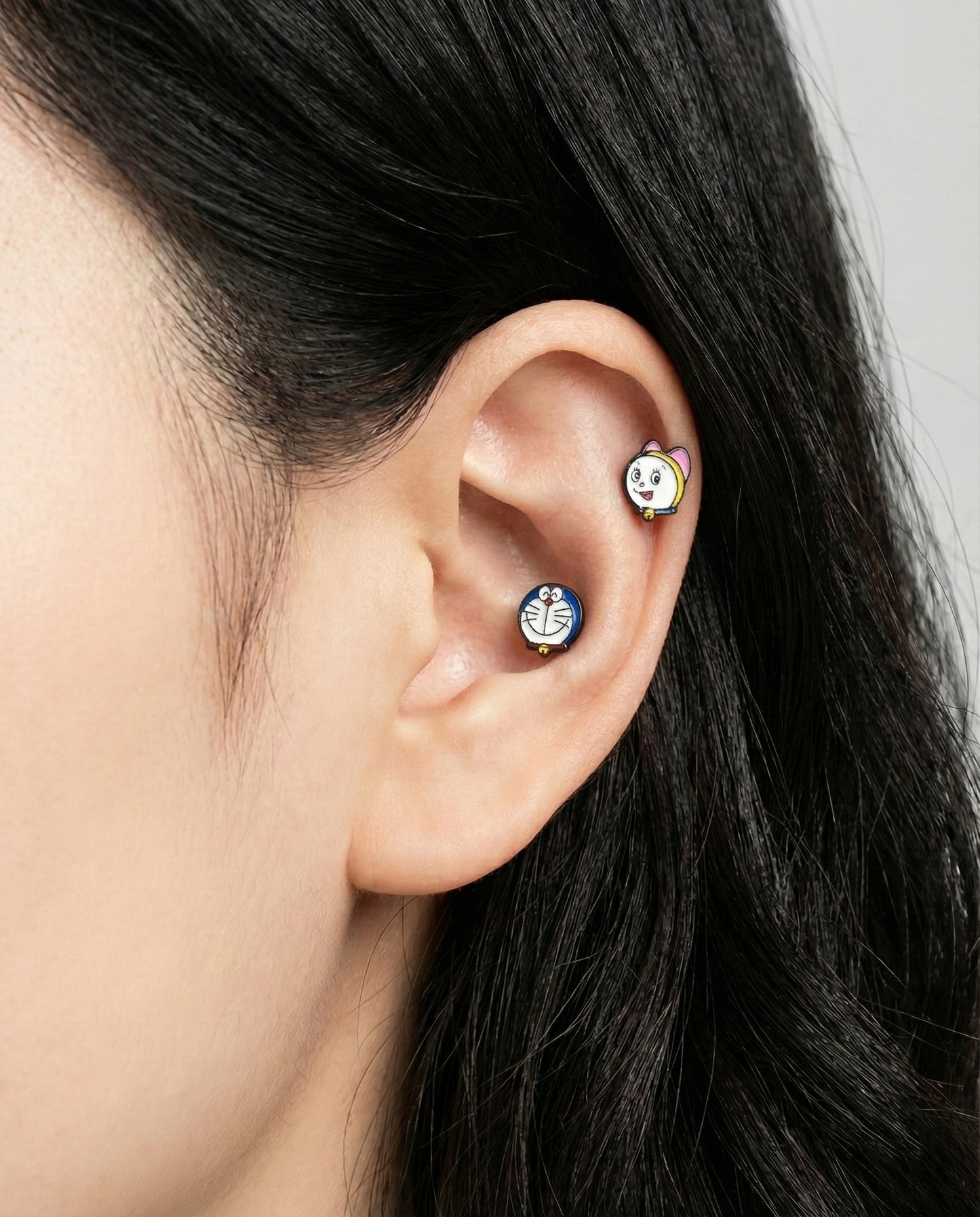 Doraemon & Dorami Surgical Steel Piercing Studs - Hypoallergenic Anime Earrings Made in Korea