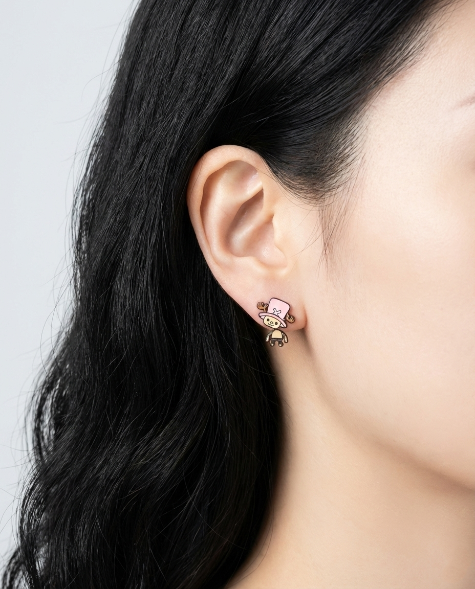 Side profile of model wearing pink Chopper earring showing 3D dimensional front-back design