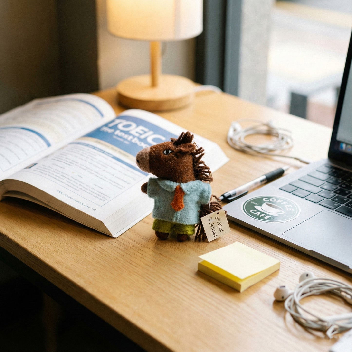 Office horse keychain on study desk with laptop and books for students