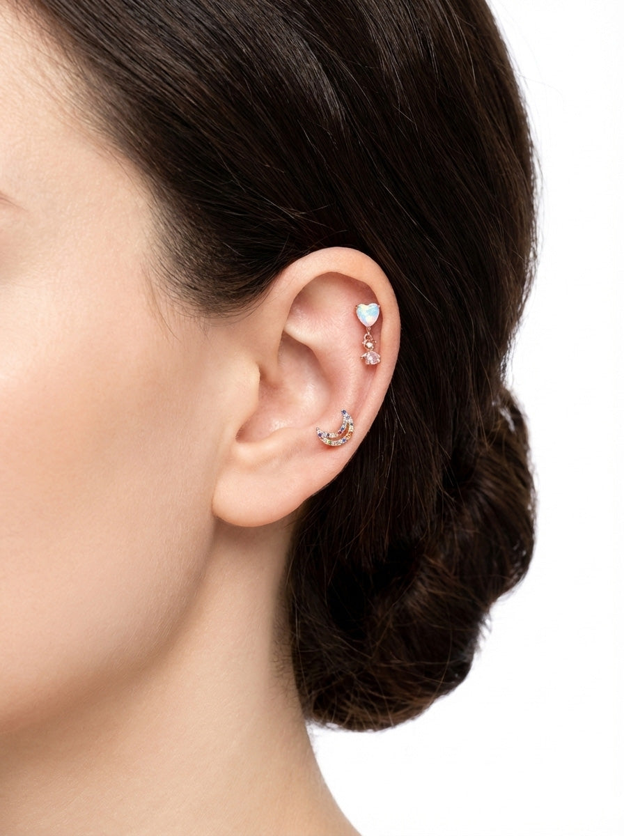 Iridescent Heart Bear Dangle Barbell – Kawaii Cartilage Piercing | Single