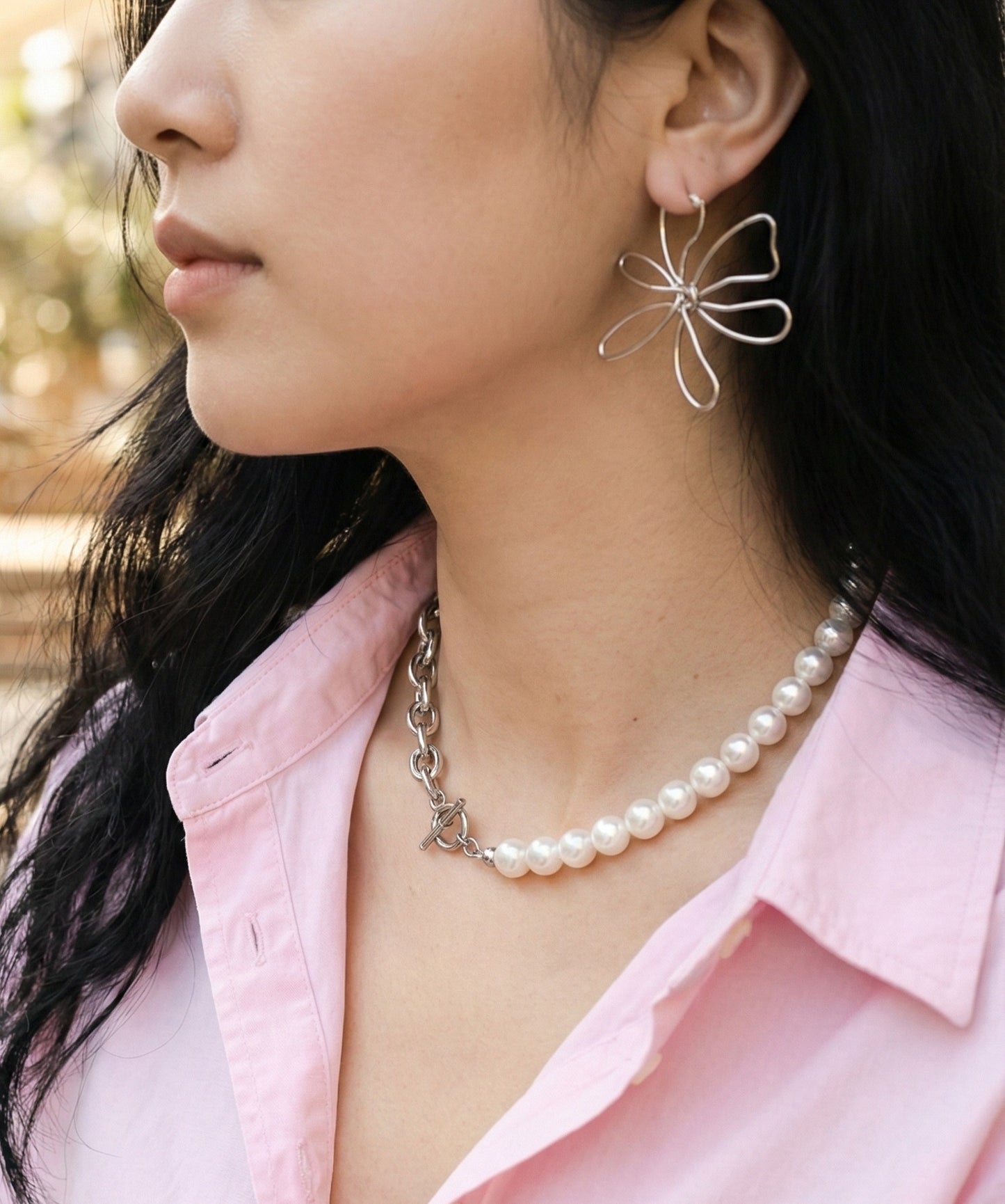 Half Pearl Half Chain Toggle Choker - Mixed Media Statement Necklace