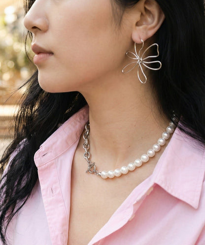 Half Pearl Half Chain Toggle Choker - Mixed Media Statement Necklace