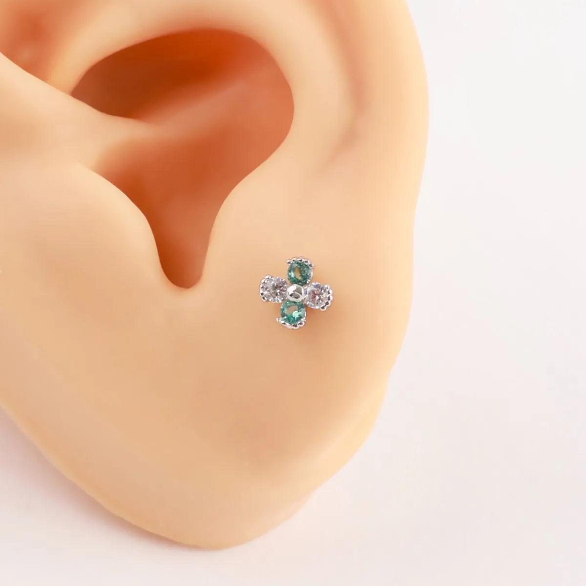 Emerald Clover Barbell Stud | Brass + Surgical Steel | K-Style Ear Stack (Single)