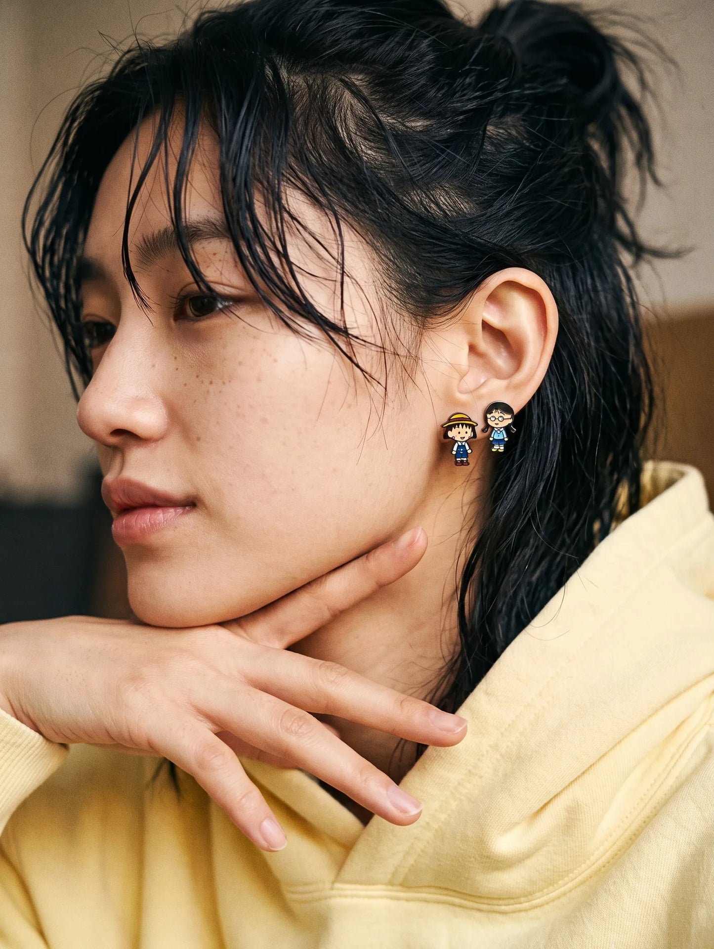 Maruko-chan Mismatch Stud Earrings – Enamel Anime Character