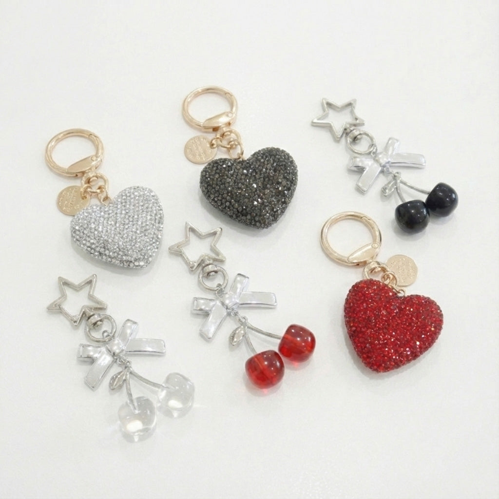 Holiday keychain collection rhinestone hearts cherry bow charms red black silver coquette