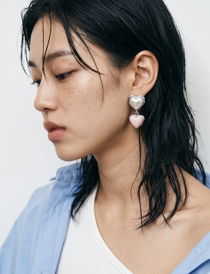 Chunky Double Heart Drop Earrings – Pearl & Color Block