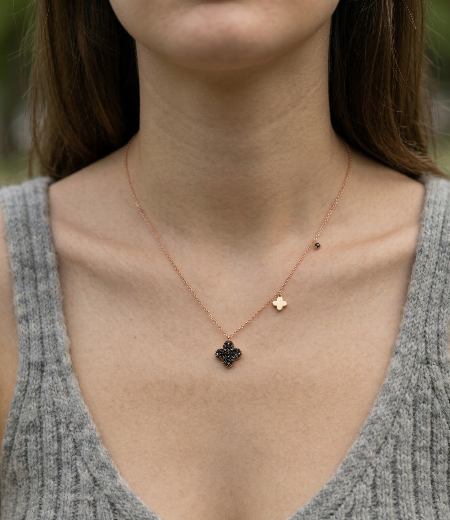 925 Sterling Silver Cognac Brown Clover Charm Necklace – Rose Gold Plated