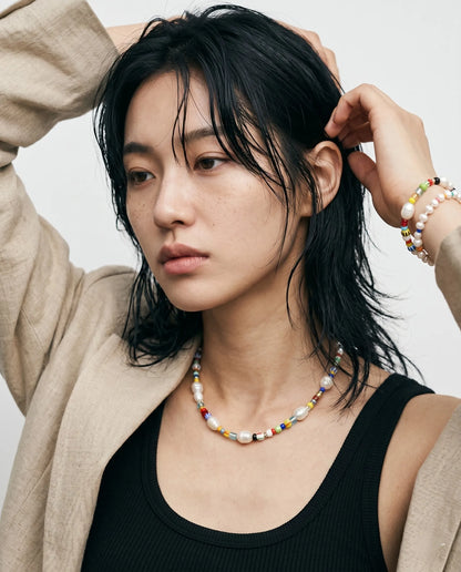 
K-style summer jewelry look — 8ttitto8 handmade freshwater pearl Miyuki bead necklace with bead bracelet stack, black tank layered look